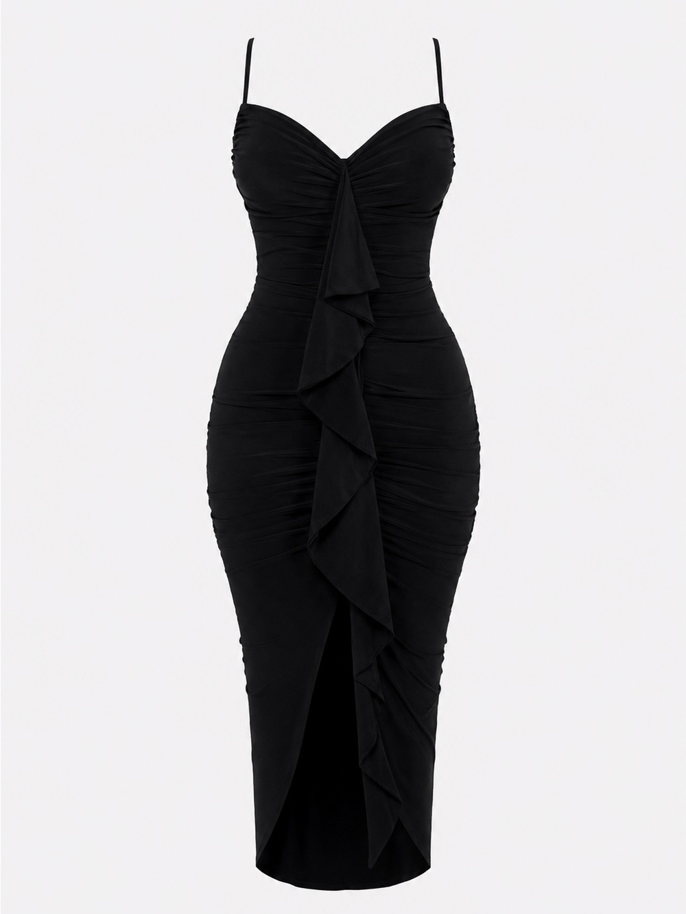 Fashion Nova Ruched High-Low Midi Dress – Black – Size Large